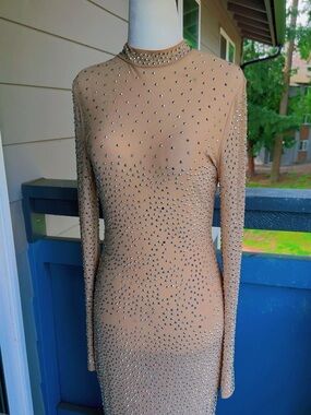 dress Crystal Rave  mesh fabric  tan ish Long sleeve sz L